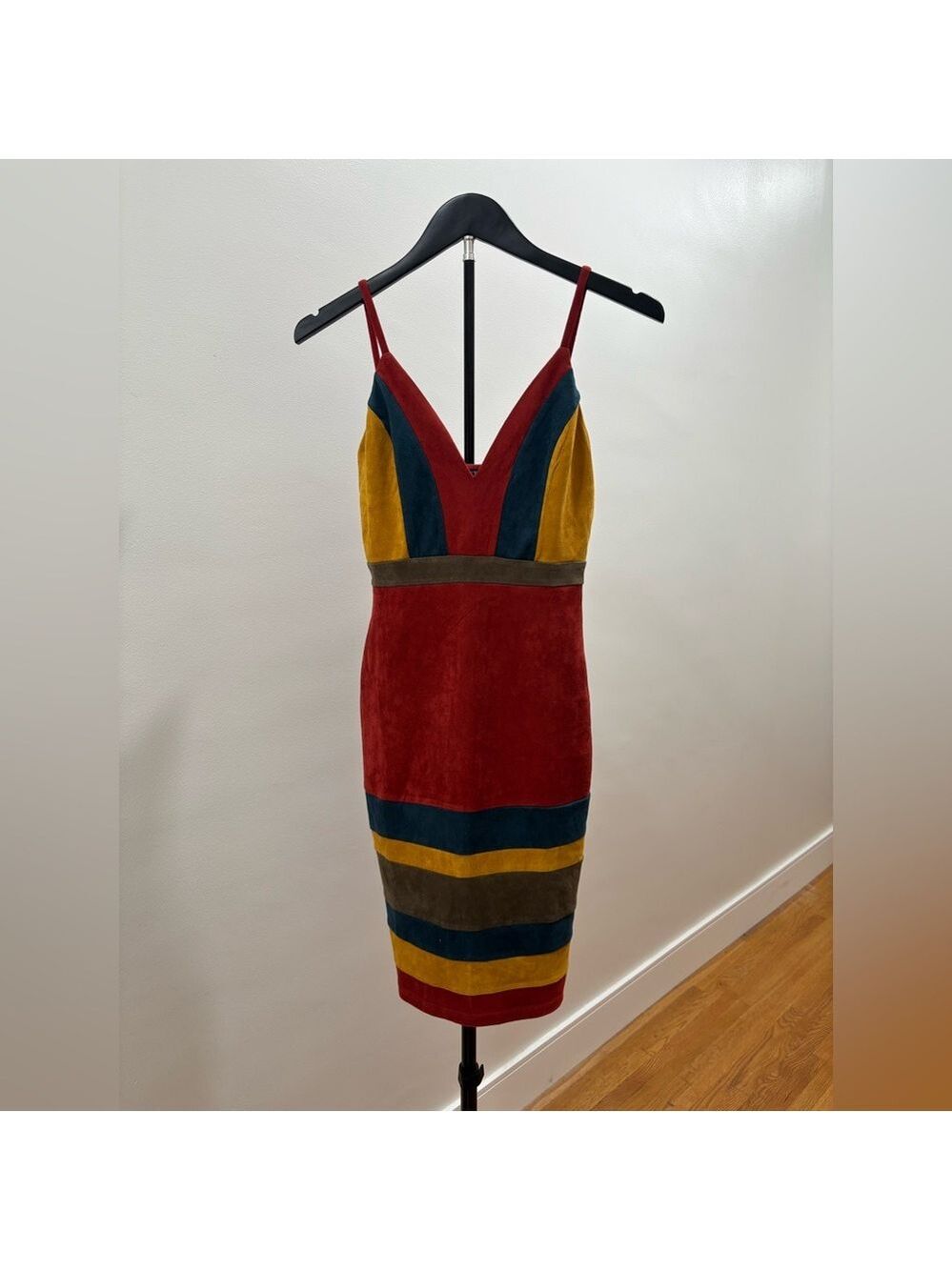 536. Privy Multicolor Faux Suede Look Striped Midi Dress